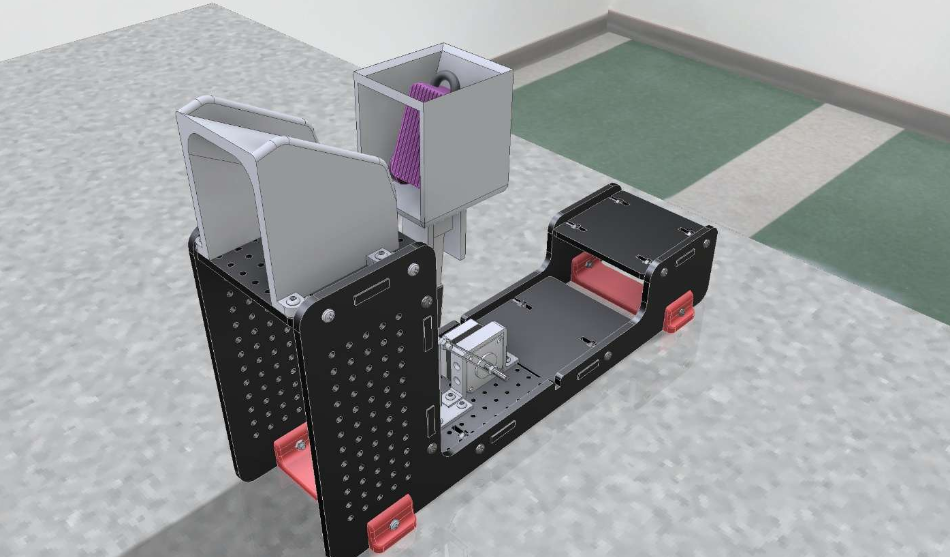 Image of my design. Large hollow rectangular prism with a ramp inside, below which an adapter houses the tip of the linear actuator, to which is attached a large support with a rotary actuator attachment.